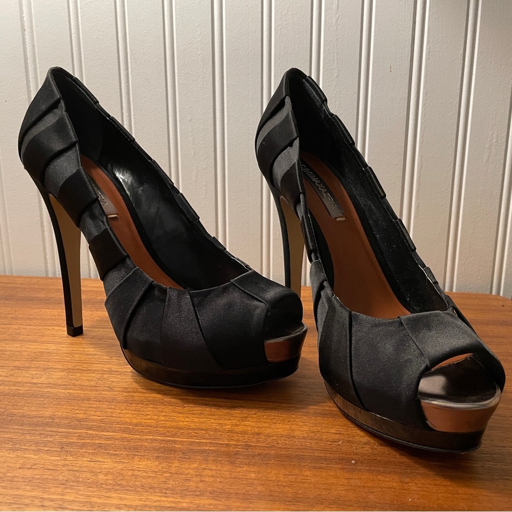 BCBGMaxAzria Black Satin Peep-Toe Heels